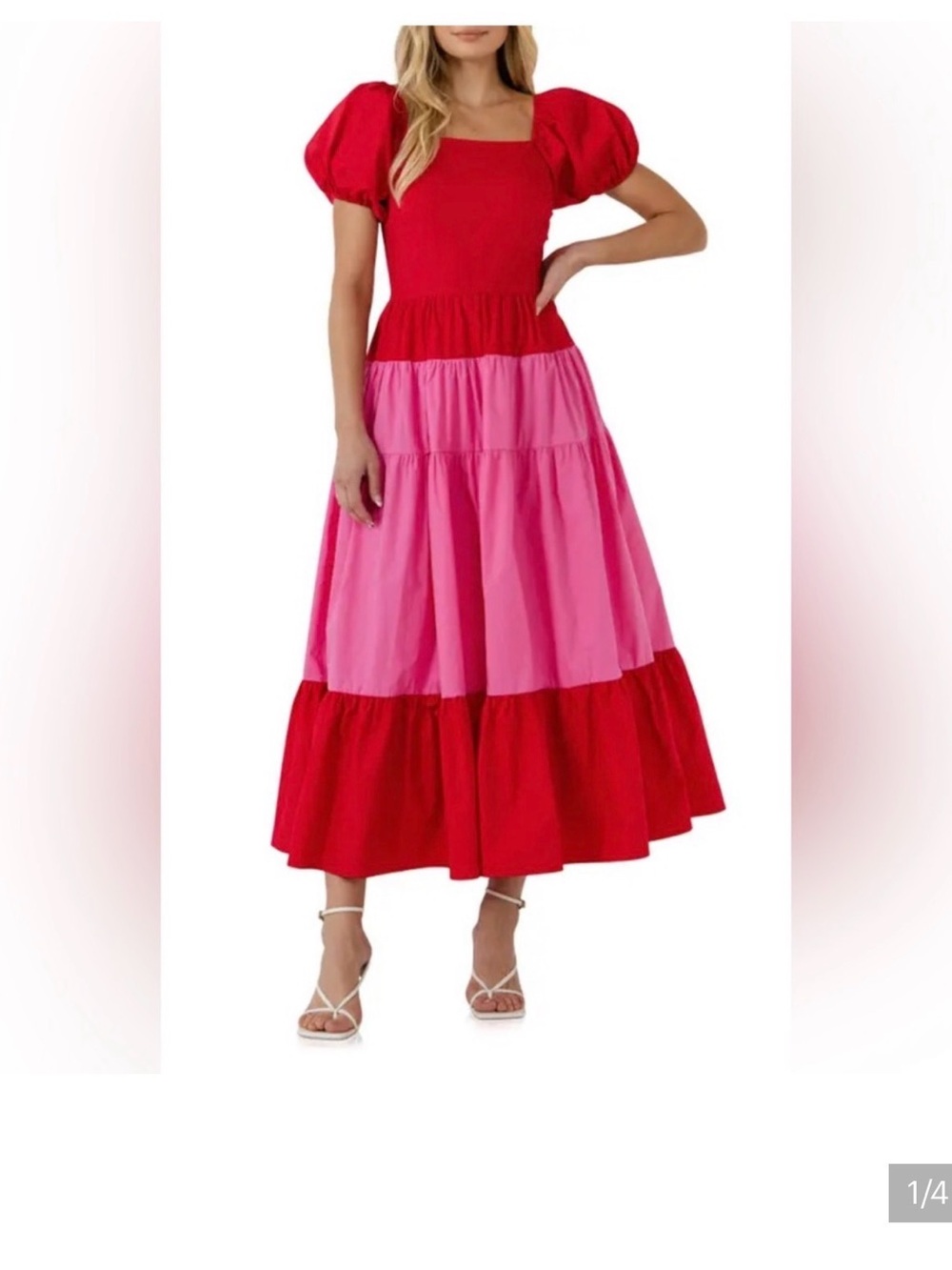 English Factory Pink and Red Colorblock Puff Sleeve Maxi Dress